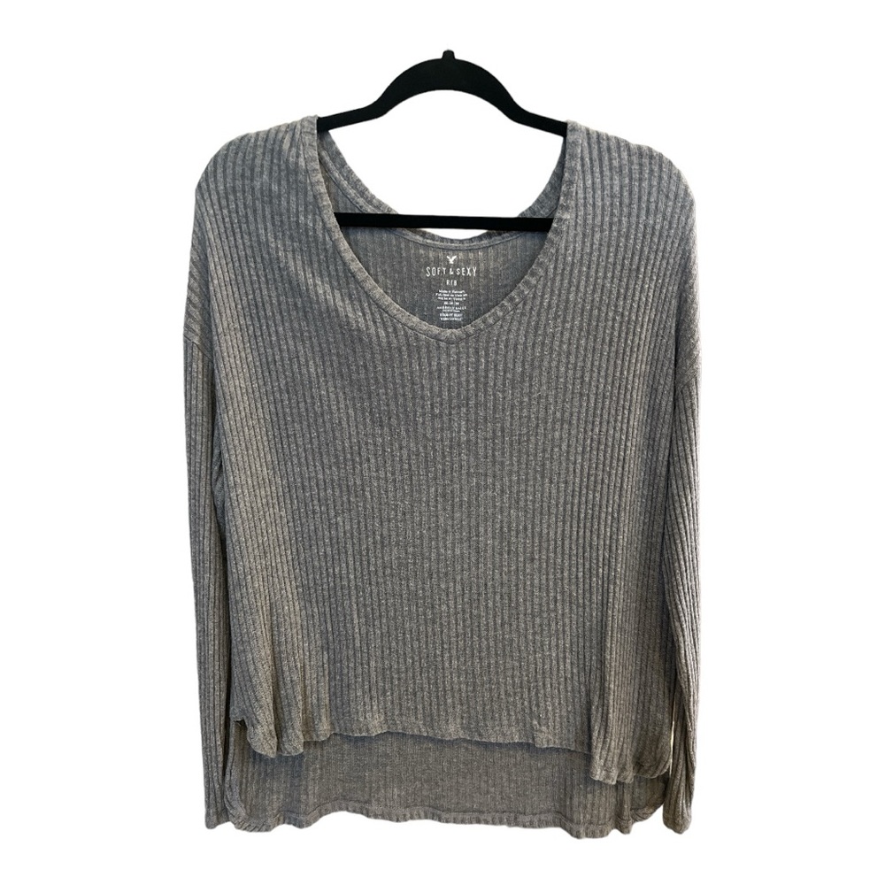 American Eagle Soft & Sexy Grey Ribbed Long Sleeve Top, Size Medium